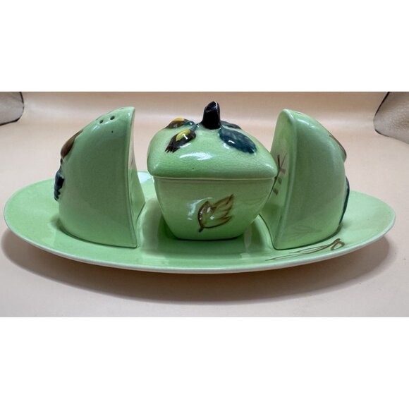 Carlton Ware Cruet Set on Tray Hazelnut 2330 Rare Green Gloss - Picture 3 of 9